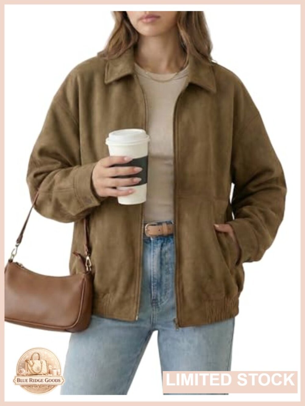 Faux Suede Bomber Jacket Oversized Zip Up Long Sleeve Casual Coat